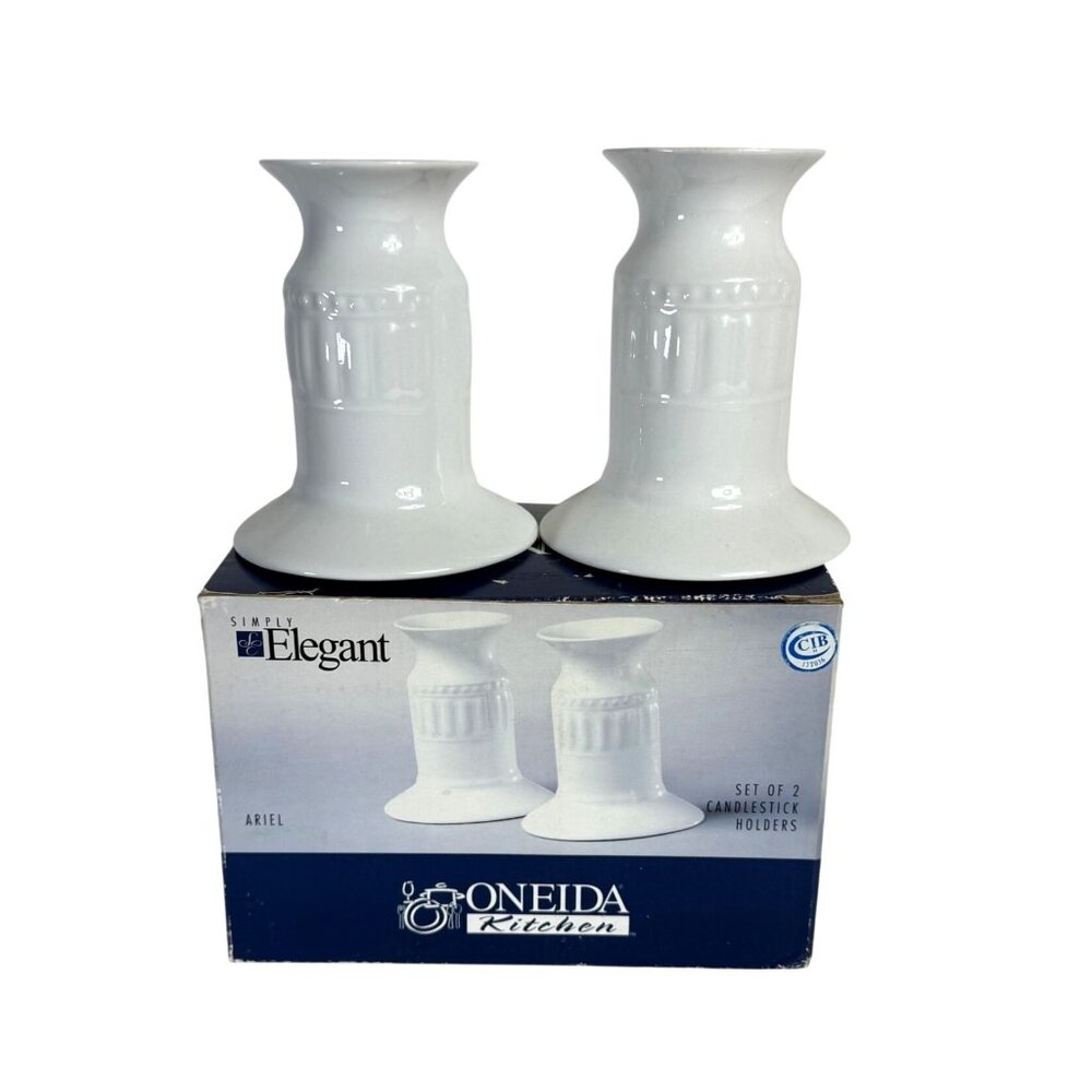Oneida Taper Candle Ariel Holders Set Of 2 White Ceramic Simple Elegant Design